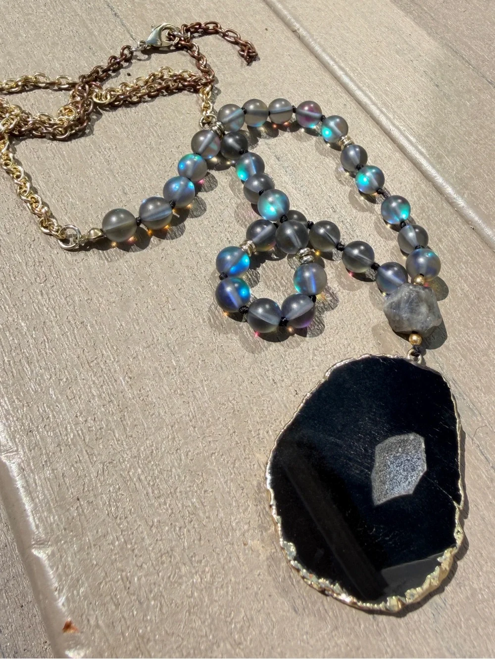 28” gold tone necklace w/ slab/druzy pendant, larvakite, and mermaid glass!